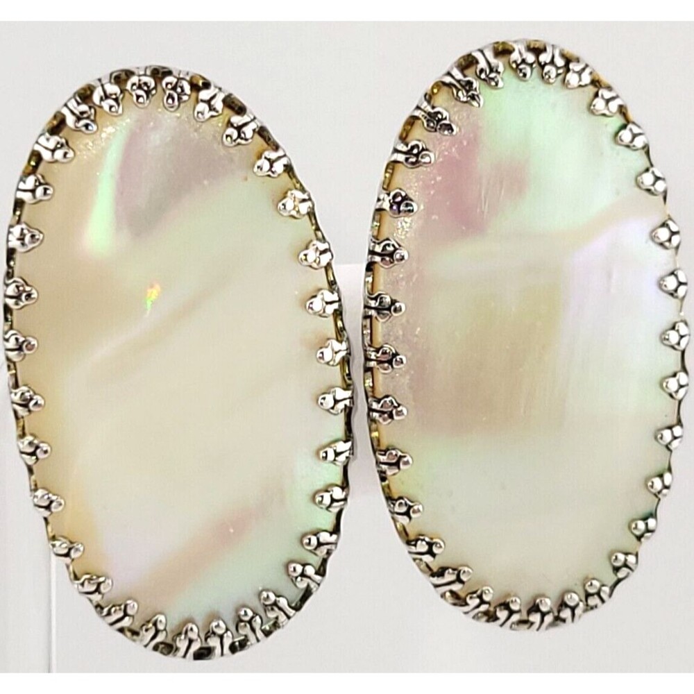 TLC Vintage Whiting & Davis Mother of Pearl Silver Tone Clip Earrings 1 3/8"